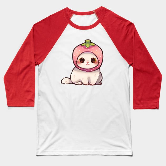 Kitty in Strawberry Hat Baseball T-Shirt by Riacchie Illustrations